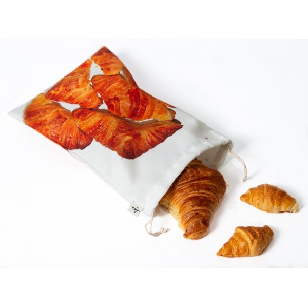 Maron Bouillie Paris Croissants clutch bag on a white background with real croissants -  Made in France produce bag Maron Bouillie Paris Croissants clutch bag on a white background with real croissants -  Made in France produce bag