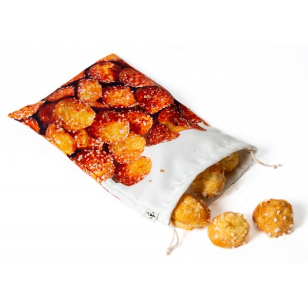 Maron Bouillie Paris chouquettes clutch bag on a white background with real chouquettes -  Made in France produce bag Maron Bouillie Paris chouquettes clutch bag on a white background with real chouquettes -  Made in France produce bag