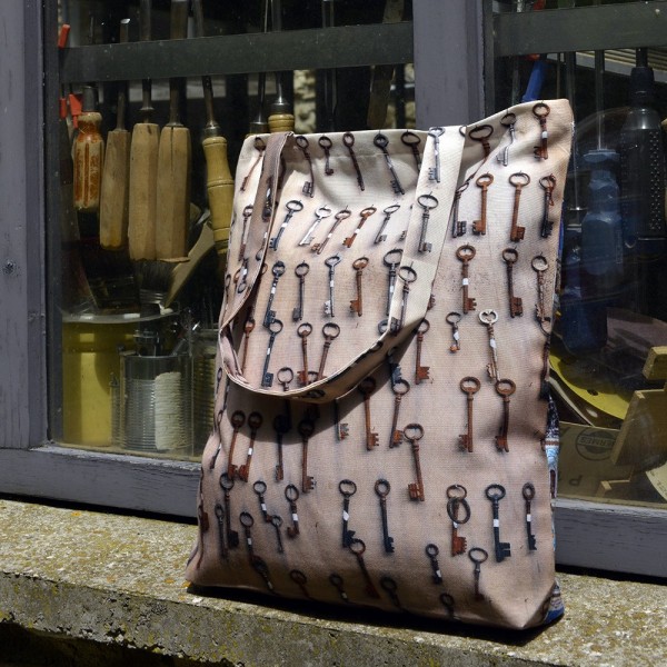 Vintage Eco-friendly Tote bag - "Keys & stamp" - Maron Bouillie made in France Vintage Eco-friendly Tote bag - "Keys & stamp" - Maron Bouillie made in France