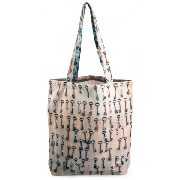 Vintage Eco-friendly Tote bag - "Keys & stamp" - Maron Bouillie made in France Vintage Eco-friendly Tote bag - "Keys & stamp" - Maron Bouillie made in France