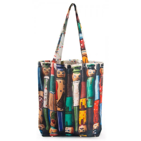 Vintage Eco-friendly Tote bag - "Pencils character & Matriochka" - Maron Bouillie made in France