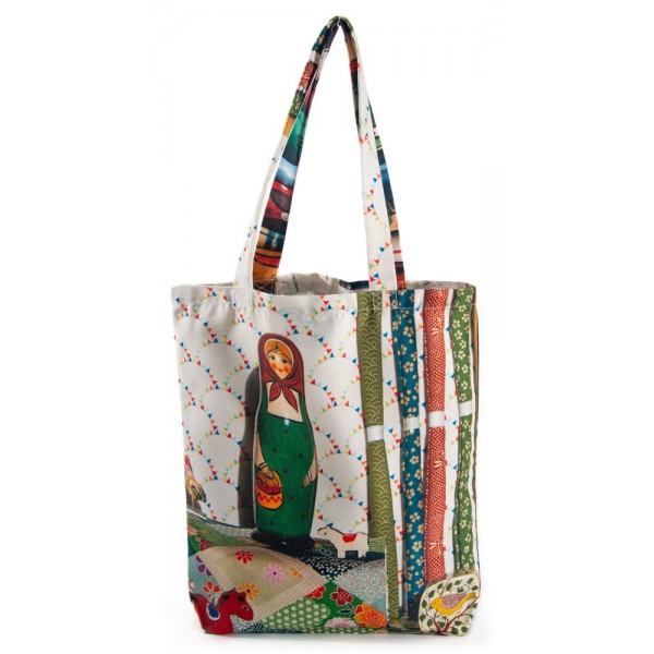 Vintage Eco-friendly Tote bag - "Pencils character & Matriochka" - Maron Bouillie made in France