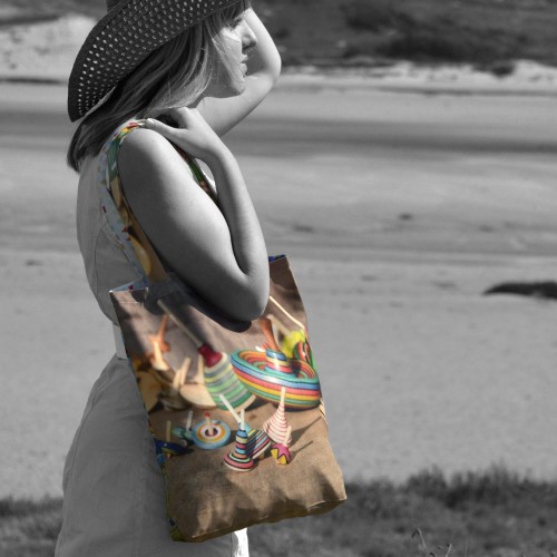 Eco-friendly Tote bag Brocante - "Toupies et Oiseau - Maron Bouillie made in France