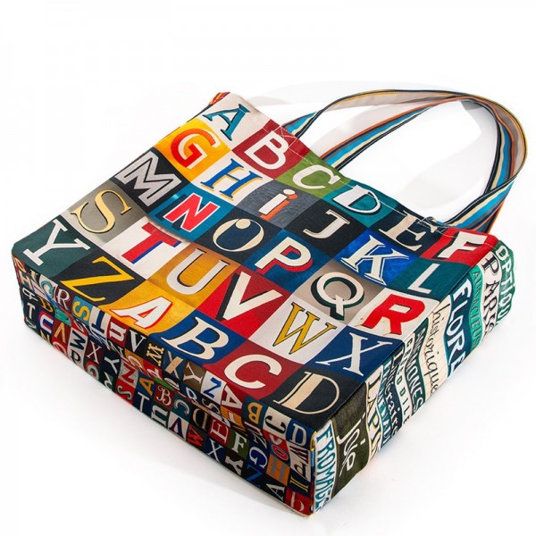 Sac Cabas original Alphabet coloré - détails fond et côté - Maron Bouillie made in France Sac Cabas original Alphabet coloré - détails fond et côté - Maron Bouillie made in France