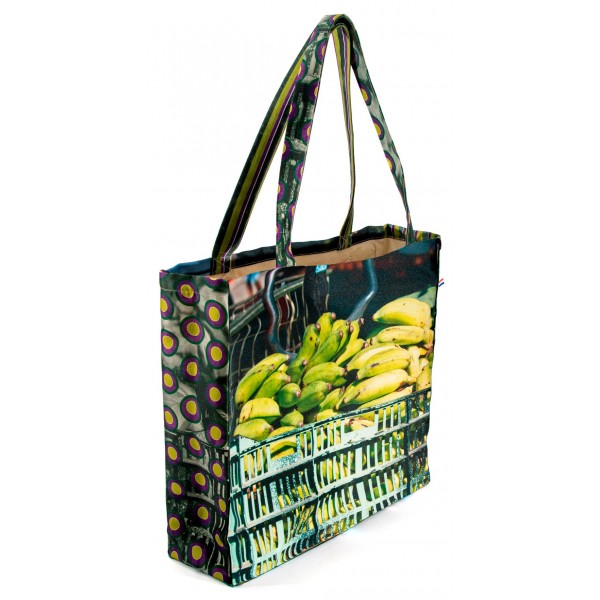 Sac Cabas de courses imprimé photo étal de légumes côté Bananes - Maron Bouillie Sac cabas marché made in France