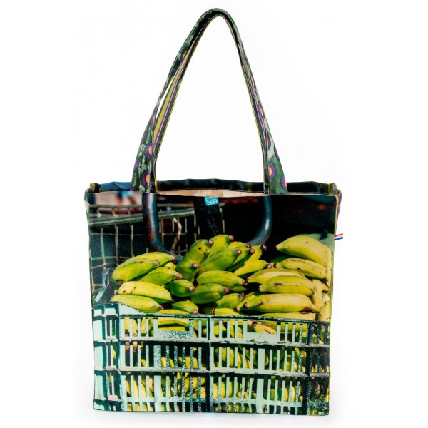 Cabas marché imprimé photo étal de légumes Face Bananes - Maron Bouillie Sac cabas courses made in France