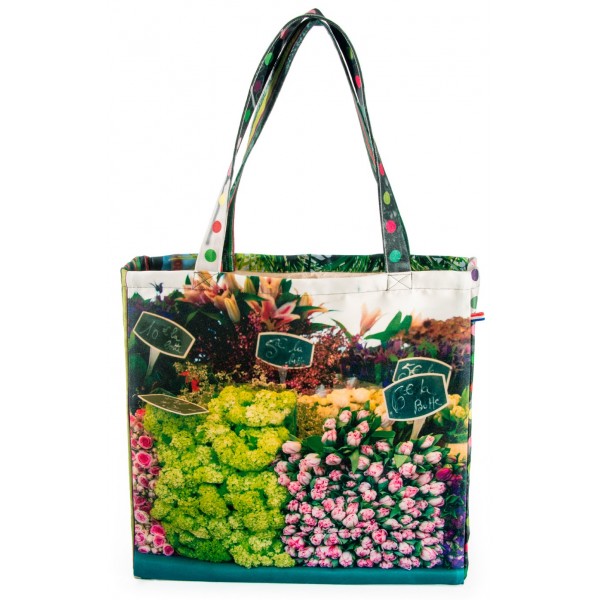 French market bag photo printed flowers stall -  front flowers in bouquets - Maron Bouillie reusable grocery bag made in France French market bag photo printed flowers stall -  front flowers in bouquets - Maron Bouillie reusable grocery bag made in France