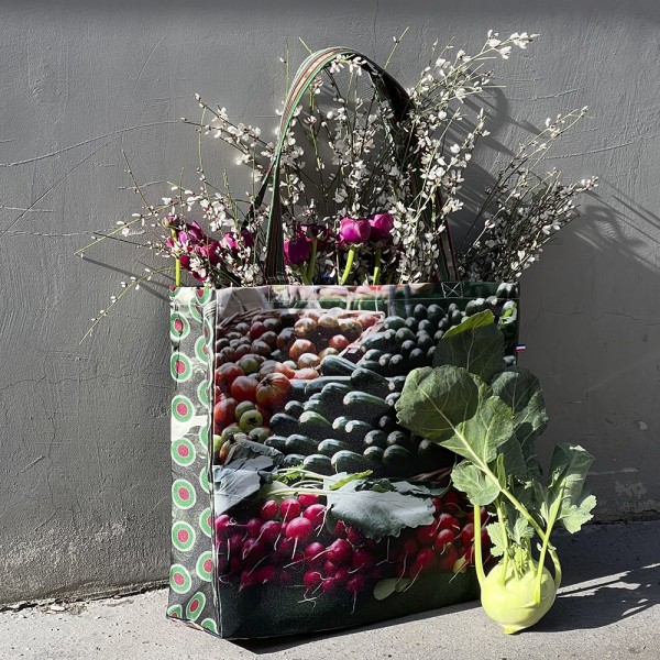 Maron Bouillie reusable grocery bag printed Eggplants-Zucchini filled with flowers - French market bag made in France Maron Bouillie reusable grocery bag printed Eggplants-Zucchini filled with flowers - French market bag made in France
