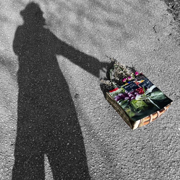 Ombre de femme portant le Cabas du marché Aubergines Courgettes de Maron Bouillie - Sac cabas de courses made in France Ombre de femme portant le Cabas du marché Aubergines Courgettes de Maron Bouillie - Sac cabas de courses made in France