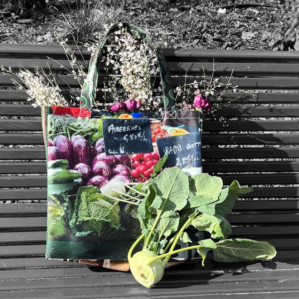 Maron Bouillie reusable grocery bag printed Eggplants-Zucchini filled with flowers - French market bag made in France Maron Bouillie reusable grocery bag printed Eggplants-Zucchini filled with flowers - French market bag made in France