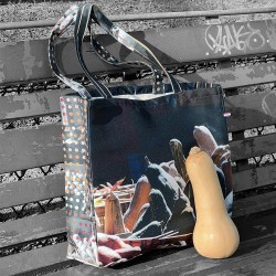 Maron Bouillie reusable grocery bag printed Squashes Potatoes filled of shopping placed on a bench - French market bag