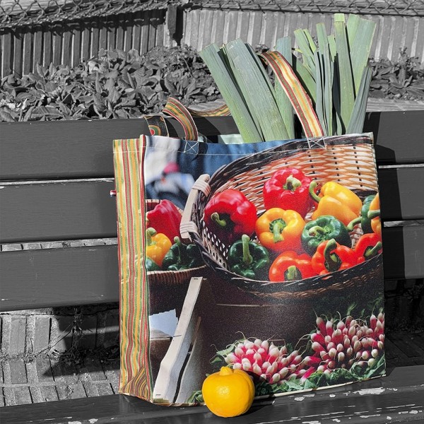 Maron Bouillie reusable grocery bag printed Peppers–Tomatoes filled of shopping placed on a bench - French market bag Maron Bouillie reusable grocery bag printed Peppers–Tomatoes filled of shopping placed on a bench - French market bag