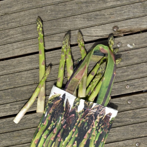 Sac de course légume Asperges sur un banc en bois - Sac réutilisable Maron Bouillie made in France