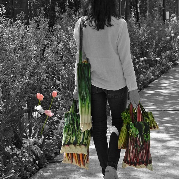 Femme dans un jardin de retour de courses portant les sacs légumes de Maron Bouillie. Femme dans un jardin de retour de courses portant les sacs légumes de Maron Bouillie.