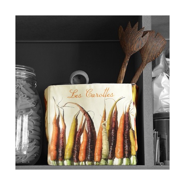 Vegetable storage basket for kitchen Les Carottes de Maron Bouillie on a shelf. Fabric box made in France