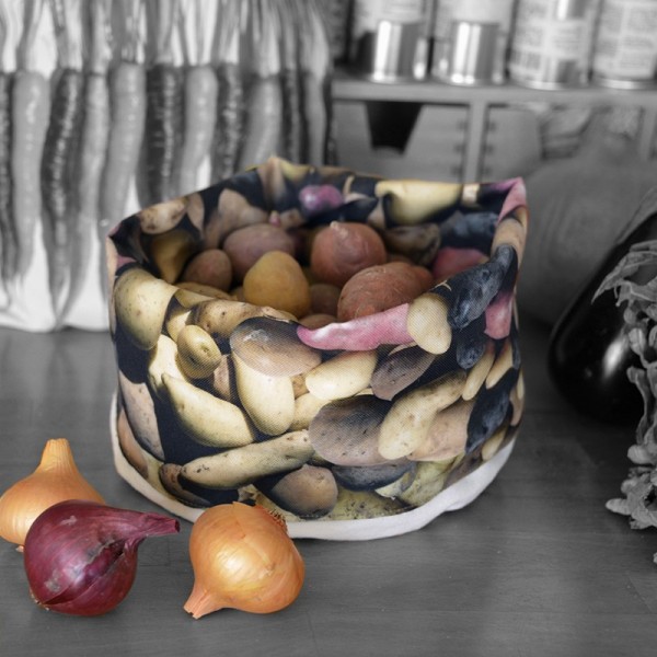 Vegetable Fabric basket printed Patatoes placed on a table with real vegetables - Maron Bouillie made in France