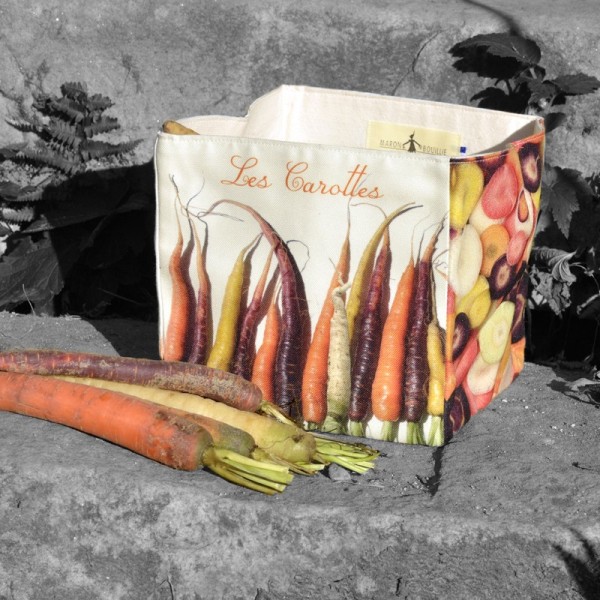 Kitchen vegetable box The Carrots by Maron Bouillie placed on a worktop. made in France Fabric basket
