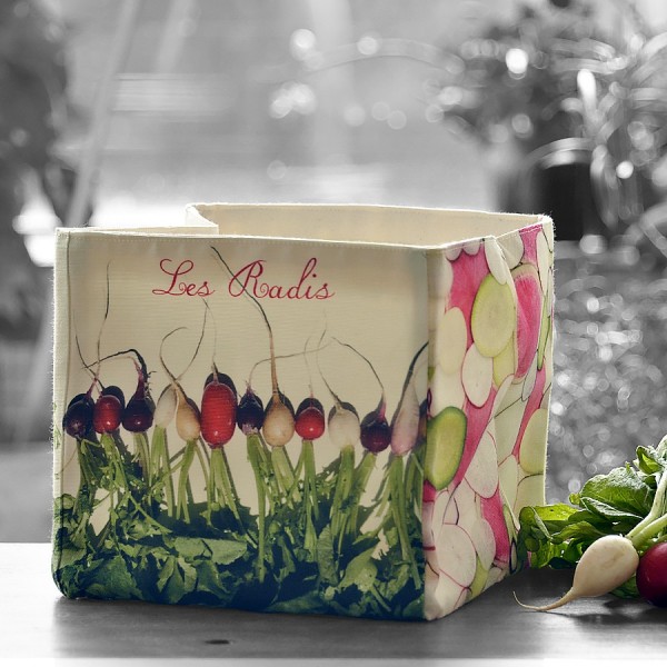 Kitchen vegetable box The Radishes by Maron Bouillie placed on a worktop - made in France Fabric basket