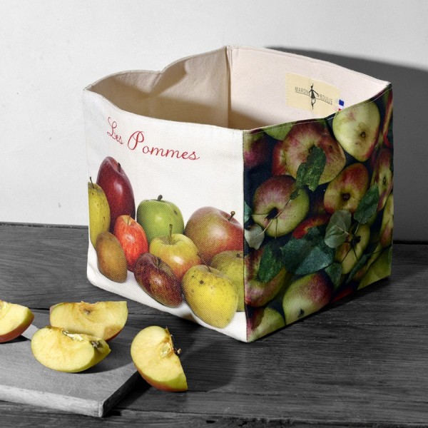 Kitchen vegetable box The Apples placed on a table. Made in France Fabric basket by Maron Bouillie.