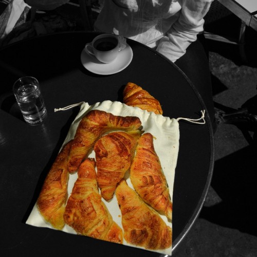 French croissants bag by Maron Bouillie on the table of a terrace in Paris - Made in France clutch bag