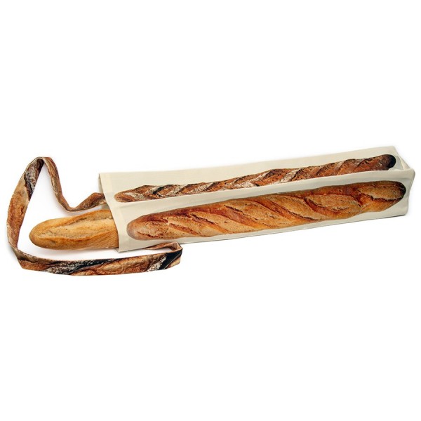 Sac à baguette Maron Bouillie imprimé de photos de 4 baguettes ; posé avec une vraie baguette à l'intérieur - Sac à pain