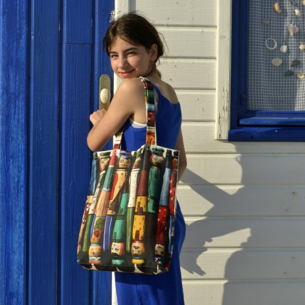Eco-friendly Tote bag Brocante - "Bonshommes et Matriochka" - Maron Bouillie made in France Eco-friendly Tote bag Brocante - "Bonshommes et Matriochka" - Maron Bouillie made in France