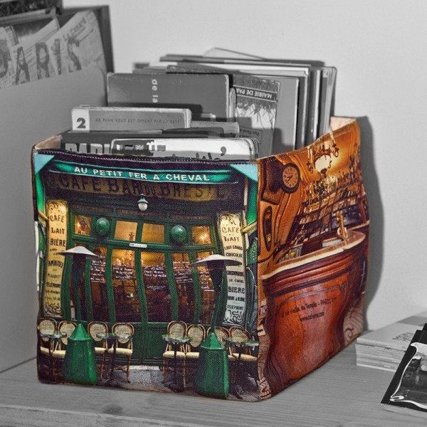 storage Fabric basket Paris Au petit fer à cheval Café Paris marais filled with document - Maron Bouillie made in France