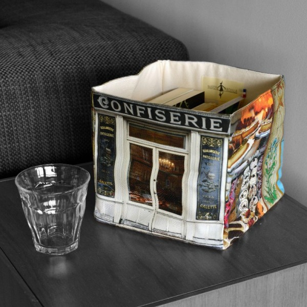 Vintage store Paris Montmartre Confiserie Boulangerie placed on a coffee table - Maron Bouillie fabric storage basket