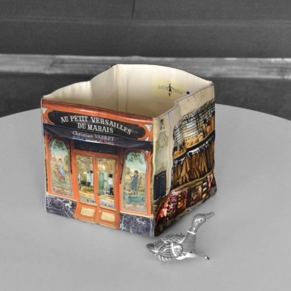 Paris home decor box boulangerie Au petit Versailles du marais placed on a table -  Maron Bouillie made in France storage basket Paris home decor box boulangerie Au petit Versailles du marais placed on a table -  Maron Bouillie made in France storage basket