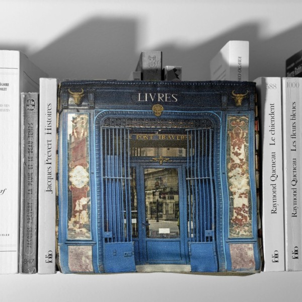 Paris box vintage bookstore placed between books -  Maron Bouillie made in France fabric storage basket