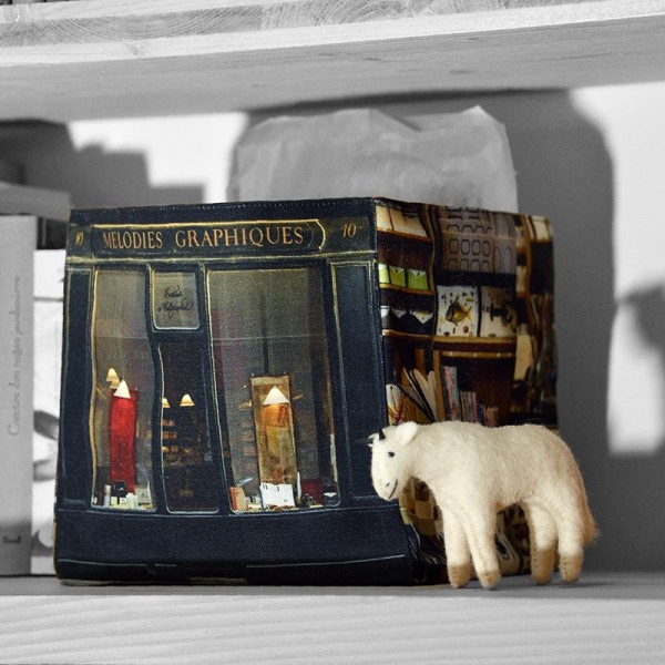 fabric storage box Paris Mélodies graphiques calligraphy shop on a shelf - Maron Bouillie made in France