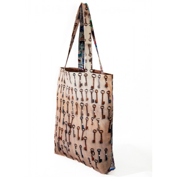 Eco-friendly Tote bag Brocante - "Clés et timbre" - Maron Bouillie made in France Eco-friendly Tote bag Brocante - "Clés et timbre" - Maron Bouillie made in France