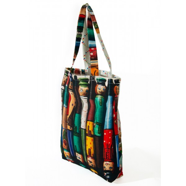Vintage Eco-friendly Tote bag - "Pencils character & Matriochka" - Maron Bouillie made in France