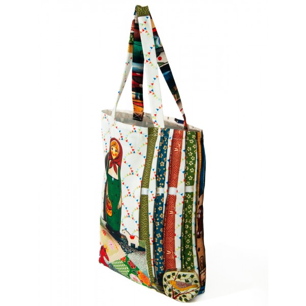 Vintage Eco-friendly Tote bag - "Pencils character & Matriochka" - Maron Bouillie made in France