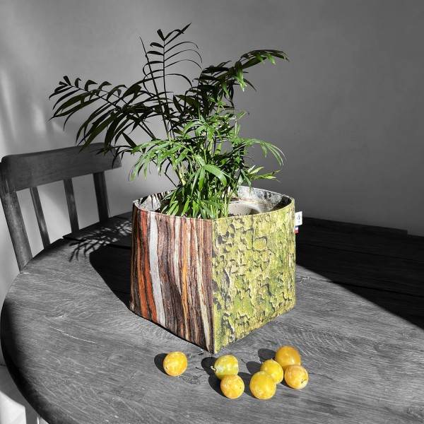 Plant pot in wood bark printed fabric placed on a table with plums - Maron Bouillie made in France