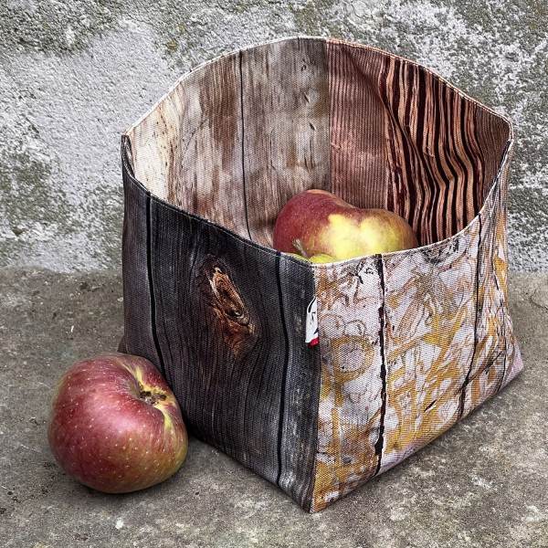 Empty pocket in fabric printed with photo of old wood used for apple basket - Maron Bouillie made in France Empty pocket in fabric printed with photo of old wood used for apple basket - Maron Bouillie made in France