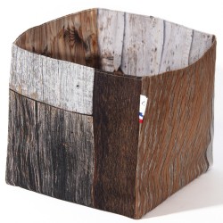 Decorative basket in fabric printed with old wooden photo filled with note books - Maron Bouillie made in France 2