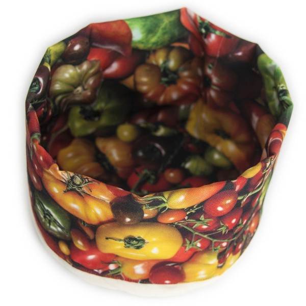 Corbeille en tissu imprimée Tomates sur fond blanc vue de dessus - Maron Bouillie made in France