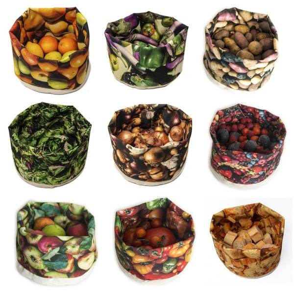 Fabric baskets printed with photos of fruits and vegetables in trompe l'oeil - Maron Bouillie made in France Fabric baskets printed with photos of fruits and vegetables in trompe l'oeil - Maron Bouillie made in France