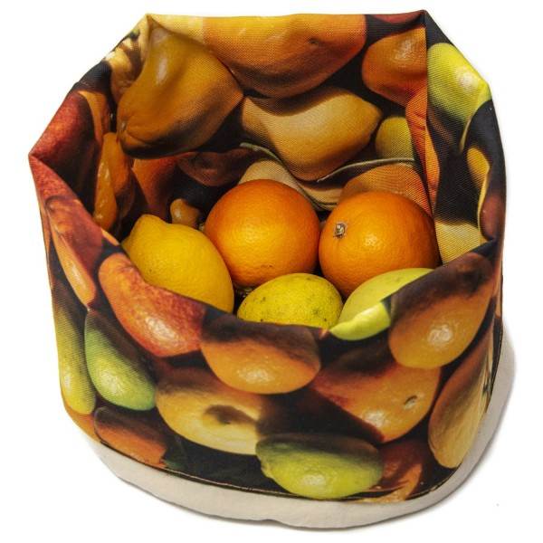 Fruits Fabric basket printed Citrus with real Citrus on a white background top view - Maron Bouillie made in France Fruits Fabric basket printed Citrus with real Citrus on a white background top view - Maron Bouillie made in France