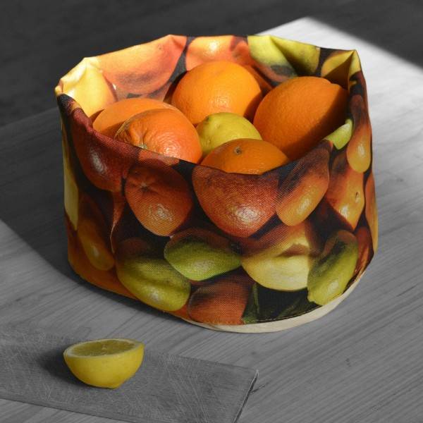 Fruits Fabric basket printed Citrus filled with real oranges and lemons - Maron Bouillie made in France Fruits Fabric basket printed Citrus filled with real oranges and lemons - Maron Bouillie made in France