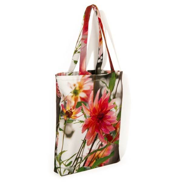 Dahlia printed flower bag front view white background - Maron Bouillie designer tote bag made in France
