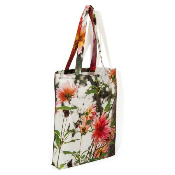 Tote bag fleur imprimé Dahlia vue de dos fond blanc - Sac de créateur Maron Bouillie made in France