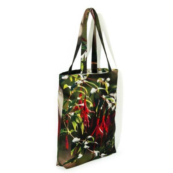 Tote bag fleur imprimé Fuchsia Royal vue de dos fond blanc - Sac de créateur Maron Bouillie made in France