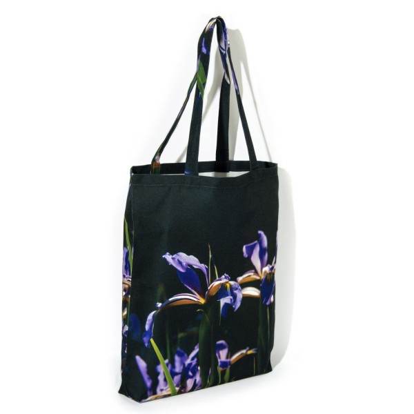 Iris printed flower bag front view white background - Maron Bouillie designer tote bag made in France Iris printed flower bag front view white background - Maron Bouillie designer tote bag made in France