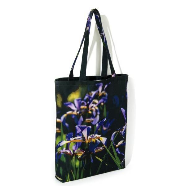 Tote bag fleur imprimé Iris vue de dos fond blanc - Sac de créateur Maron Bouillie made in France