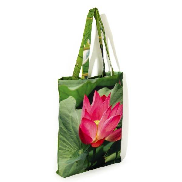 Oriental Lotus printed flower bag front view white background - Maron Bouillie designer tote bag made in France