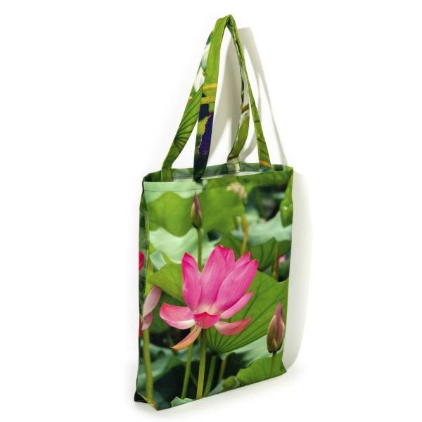 Tote bag flower print Oriental Lotus back view white background - Designer bag Maron Bouillie made in France