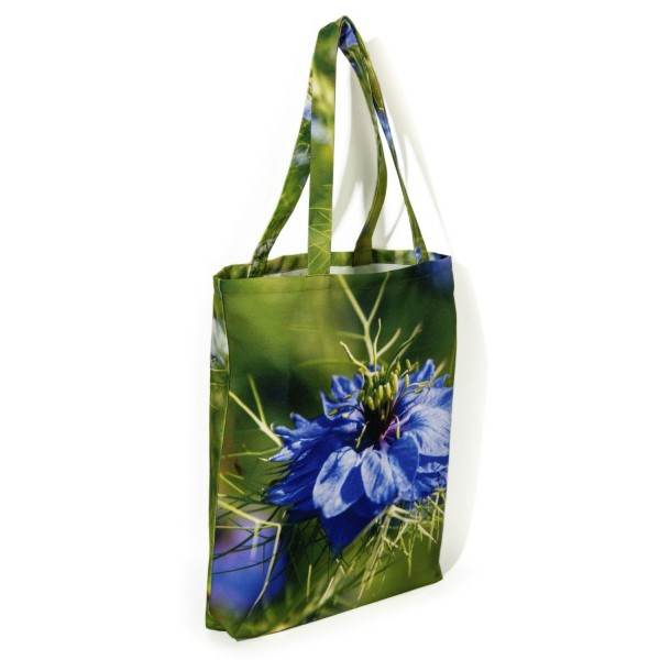 Damascus Nigella printed flower bag front view white background - Maron Bouillie designer tote bag made in France