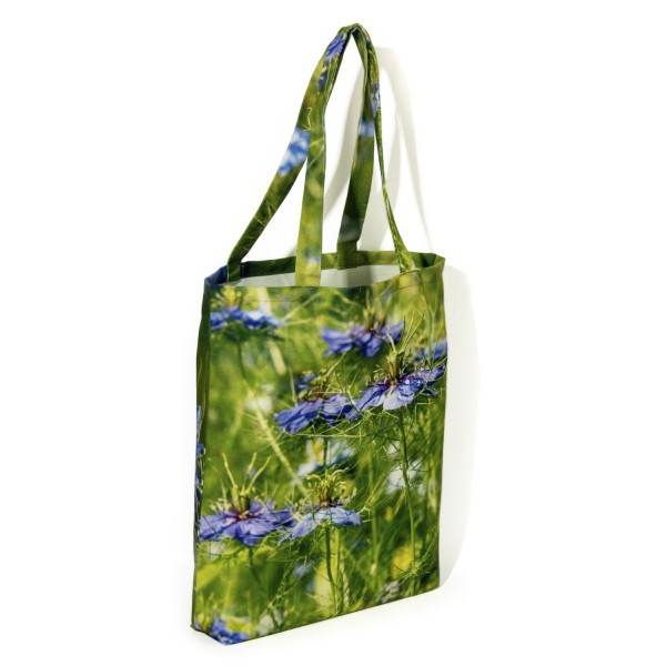 Tote bag flower print Damascus Nigella back view white background - Designer bag Maron Bouillie made in France